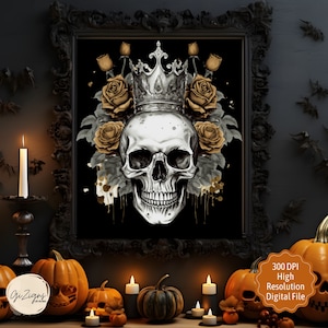 Halloween Crowned Skull Poster, Skull and Crown Wall Art, Creepy Halloween Decor, Digital Art Print, Spooky Vintage Halloween Download
