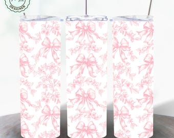 Coquette Bow Pink Toile Tumbler Wrap 20 oz Tumbler Wrap PNG, Pink Vintage Girly Floral Roses and Pink Bows Soft Girl Shabby Chic Chinoiserie