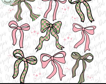 Pink and Green Checkered Bow Coquette PNG ClipArt Collage, Pink Preppy Bow Clip Art, Ribbon Green Bow Pastel Christmas Bow Sublimation POD