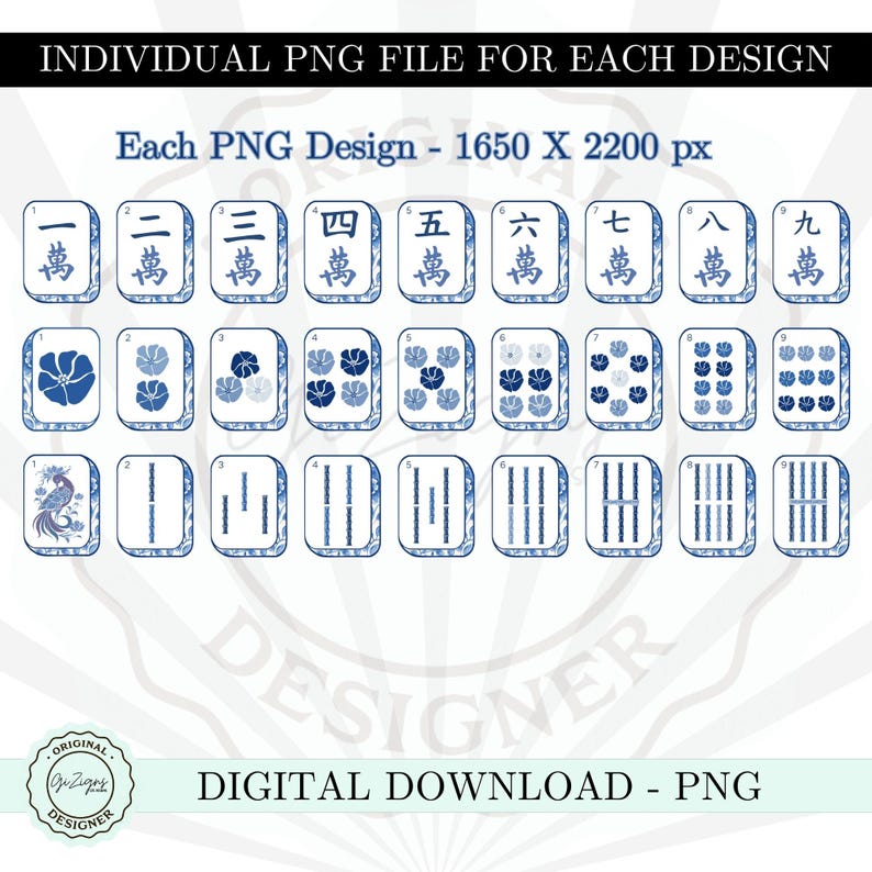 Puede incluir: Imagen digital de fichas de Mahjong azules y blancas, cada una con caracteres chinos y dise&ntilde;os florales. El texto "INDIVIDUAL PNG FILE FOR EACH DESIGN" y "DIGITAL DOWNLOAD - PNG" tambi&eacute;n est&aacute; presente.
