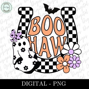 May include: A Halloween-themed graphic with the words "BOO HAW" in orange, set against a horseshoe shape with a black and white checkered pattern. A ghost with flower details and a bat are also included.