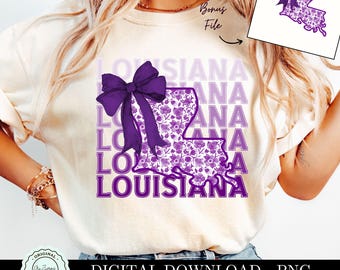 Louisiana PNG Clipart, Purple Coquette Floral Bow Louisiana PNG Western PNG Grandmillenial Bow Design png, TShirt State Sublimation png