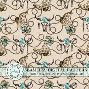Rodeo Cowboy Seamless Pattern PNG SVG, Turquoise Beige Country Coquette Bow Cowgirl Boots Digital Western Wallpaper, Cow Skull Scrapbook png