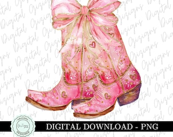 Valentine PNG Western Coastal Cowgirl PNG Clipart, Pink Coquette Bow Cowboy Boots png Gold Glitter Hearts Design PNG, Preppy Sublimation png