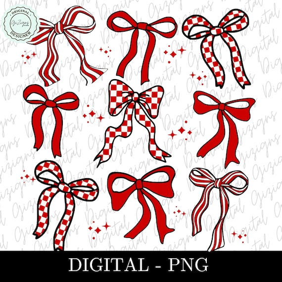 White and Red Checkered Bow Coquette PNG ClipArt Collage, Red Preppy Bow Clip Art, Ribbon White Bow Red Bow Sublimation POD dtf