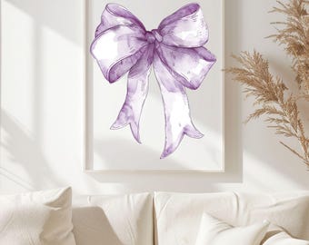 Purple Coquette Bow Wall Art, Coquette Room Decor, Purple Bow Digital Print, Watercolor Girly Dorm Decor, Purple Preppy Art, Apartment Decor