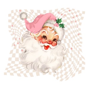 May include: A vintage illustration of Santa Claus with a pink hat and white beard, against a checkered background with pink stars.