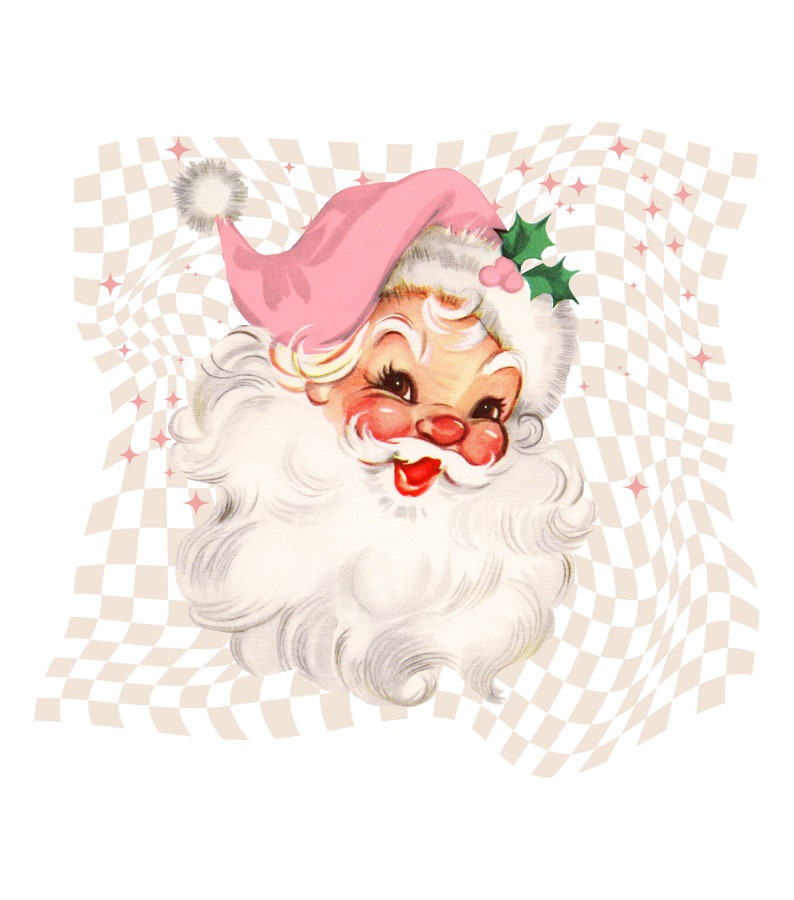 May include: A vintage illustration of Santa Claus with a pink hat and white beard, against a checkered background with pink stars.