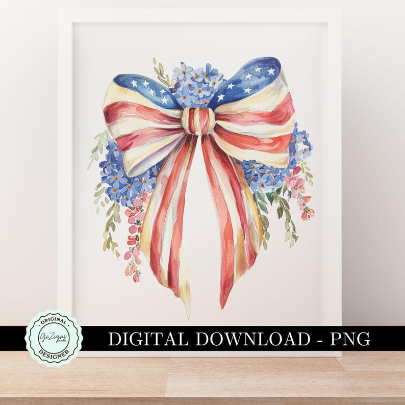 May include: A watercolor painting of a red, white, and blue bow with a floral wreath. The bow is made of fabric with the American flag pattern. The wreath is made of blue, pink, and green flowers.