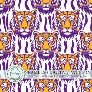 May include: Seamless digital pattern featuring a repeating design of tiger heads in orange and yellow with purple and white stripes in the background. The pattern is 12 inches by 12 inches and 300 DPI.