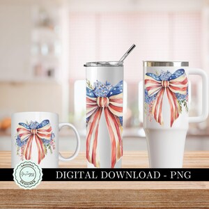 May include: Three white mugs with a red, white, and blue bow design. The bow is made of fabric with a watercolor effect. The mugs are on a wooden surface. DIGITAL DOWNLOAD - PNG