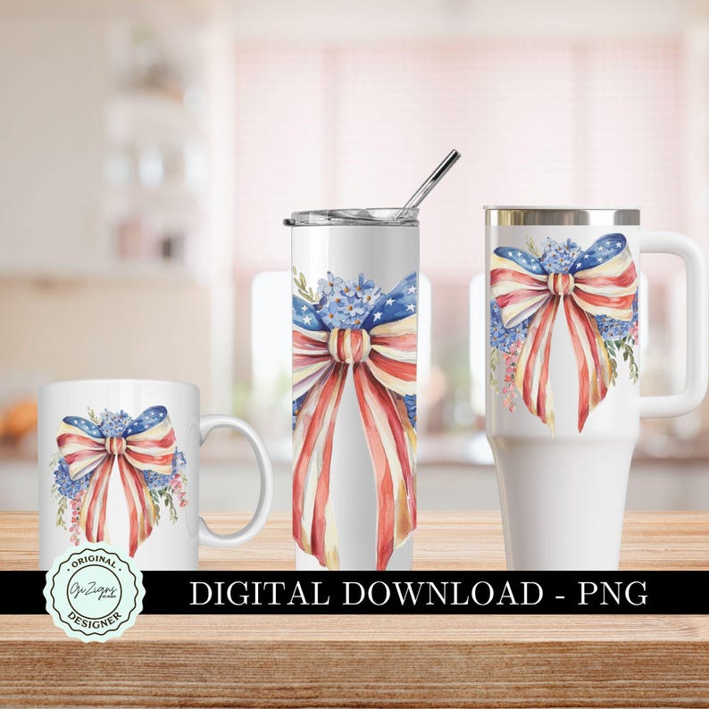 May include: Three white mugs with a red, white, and blue bow design. The bow is made of fabric with a watercolor effect. The mugs are on a wooden surface. DIGITAL DOWNLOAD - PNG