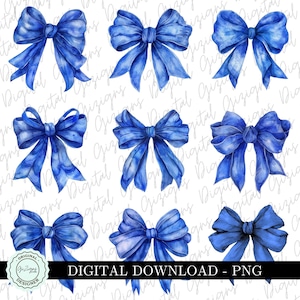 May include: Set of nine watercolor illustrations of blue bows. The bows are painted in a realistic style with subtle variations in color and texture. The bows are isolated on a white background.