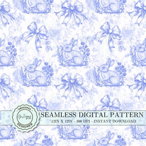Vintages blaues Ostermuster, Toile Coquette Bogen Nahtloses Muster PNG, Häschen Chinoiserie Digitales Papier Tapete Retro Shabby Chic
