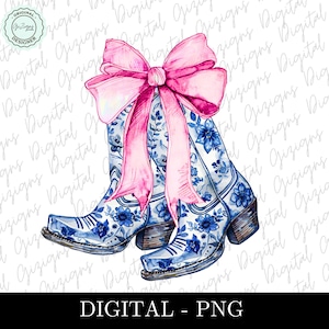 Vaquera costera azul y blanca PNG, botas con lazo floral chinoiserie con lazo rosa coqueto, diseño grandmillenial PNG, sublimación DTF png, preppy