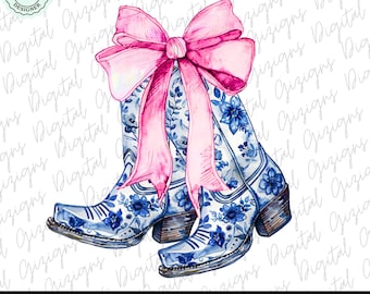 Blue and White Coastal Cowgirl PNG, Coquette Pink Bow Chinoiserie Floral Boots Bow Grandmillenial Design PNG, Sublimation DTF png, Preppy