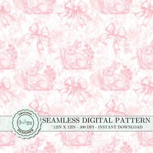 Vintage Rosa Ostermuster, Toile Coquette Bogen Nahtloses Muster PNG, Häschen Chinoiserie Digitales Papier Tapete Retro Shabby Chic