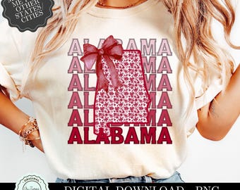 Alabama PNG File, Crimson Alabama with Bow, Alabama Coquette Floral PNG, Alabama Bows png, Sublimation Red Shirt Design State Shirt Clipart