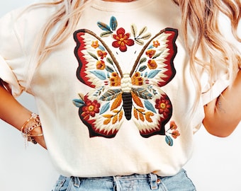 Butterfly PNG Clipart, Faux Embroidery Butterfly PNG, Vintage Floral Clip Art, 70's Vintage Clip Art, Sublimation Butterfly Digital Download