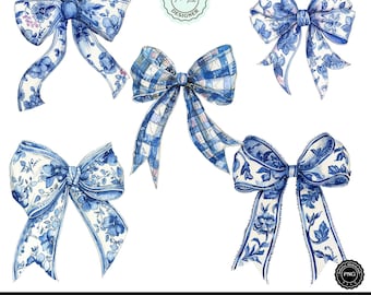 Trendy Blue Floral Bow Coquette PNG Clipart, Coquette Bows Bundle, Checkered Feminine Aesthetic Sublimation Digital Design Commercial Use
