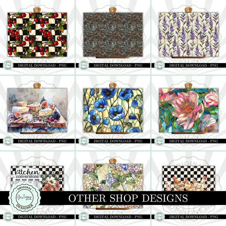 May include: A collection of decorative cutting boards with various designs. The boards feature images of cherries on a checkered background, blue poppies, cheese and figs, and floral patterns. Each board has a wooden handle and the text "DIGITAL DOWNLOAD - PNG".