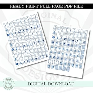 Peut inclure: Deux feuilles de papier avec des motifs de tuiles de Mahjong bleues et blanches. Le texte "READY PRINT FULL PAGE PDF FILE" est en haut. Le texte "DIGITAL DOWNLOAD" est en bas. Un logo circulaire avec le texte "ORIGINAL (GuZigys) DESIGNER" est en bas &agrave; gauche.
