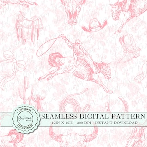 Papel digital com padrão de cowgirl costeira rosa Toile, laço de coquete country, chinoiserie, papel para impressão de cowboy ocidental, álbum de recortes digital Rodeo
