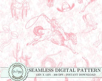 May include: A seamless digital pattern featuring pink cowboy-themed illustrations on a white background. The pattern includes a cowboy riding a horse, a lasso, a cowboy hat, a saddle, a skull, and a horseshoe. The text "SEAMLESS DIGITAL PATTERN 12IN X 12IN - 300 DPI - INSTANT DOWNLOAD" is also included.