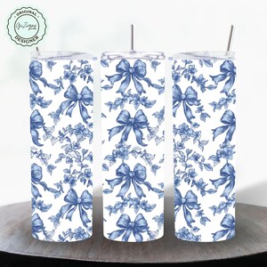 Coquette Bow Blue Toile Tumbler Wrap 20 oz Tumbler Wrap PNG, Blue Vintage Girly Floral Blue Bow Soft Girl Retro Shabby Chic Blue Chinoiserie