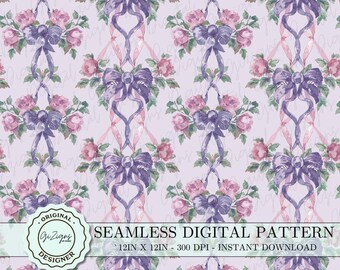 Vintage Coquette Purple Seamless Pattern, Fancy Watercolor Bows Repeated Grandmillenial Digital Wallpaper Background Shabby Chic Bridal Baby