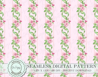 Vintage Pink Roses Floral Seamless Pattern PNG, Fancy Preppy Repeated Grandmillenial Digital Wallpaper Background Shabby Chic Wedding Baby