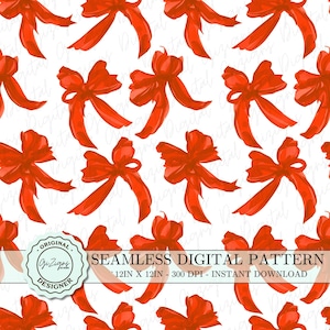Red Coquette Bow Seamless Pattern PNG SVG, Christmas Red Bow Digital Paper Wallpaper Scrapbook Paper, Retro Soft Girl Millennial Bow Design