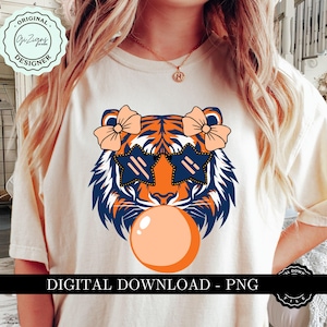 Blauwe en oranje Tijger Blowing Bubble PNG, Coquette Bow Tijgergezicht PNG, Tijgerkop PNG, schattig Star Eyed Tiger-logo mascotte sublimatie preppy