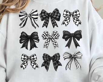 Black Checkered Bow Dark Coquette PNG ClipArt Collage, Preppy Watercolor Retro Bow Clip Art, Black Ribbon Sublimination Shirt Design DTF