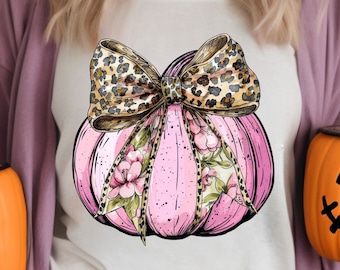 Trendy Pink Coquette Pumpkin PNG Clipart, Leopard Bow Halloween PNG, Cute Bow Pumpkin Fall Sublimination Digital Download Design pod dtg uv
