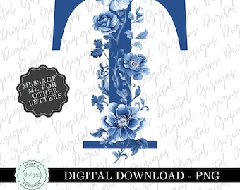 Fuente PNG floral azul con la letra T de moda, clip art inicial de sauce azul elegante, flores con letras chinoiserie de Delft, PNG digital de sublimación
