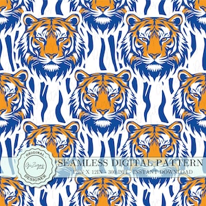 Blue and Orange Tiger Seamless Pattern PNG, Tigers Digital Paper Tiger Wallpaper Scrapbook Fabric Pattern Repeating Design Instant Download