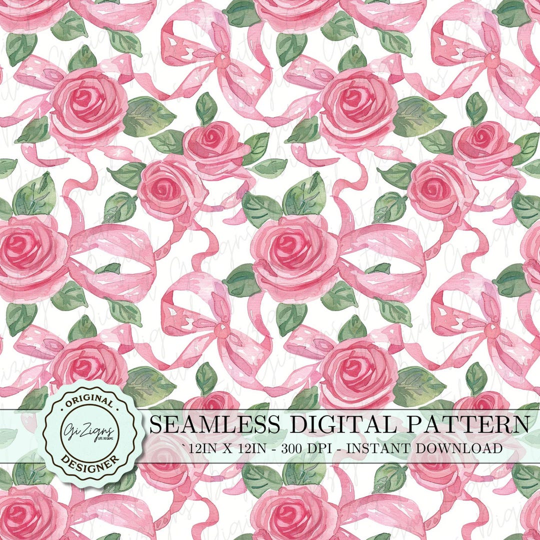 Vintage Pink Rose Coquette Seamless Pattern PNG SVG, Pink Flower Bow ...