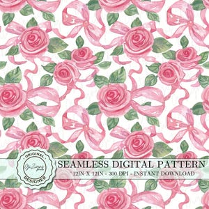 Vintage Pink Rose Coquette Seamless Pattern PNG SVG, Pink Flower Bow Repeat Pattern Digital Paper Wallpaper Paper, Nursery Flowered Pattern