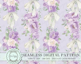 Vintage Purple Coquette Seamless Pattern, Fancy Watercolor Bows Repeated Grandmillenial Digital Wallpaper Background Shabby Chic Bridal Baby