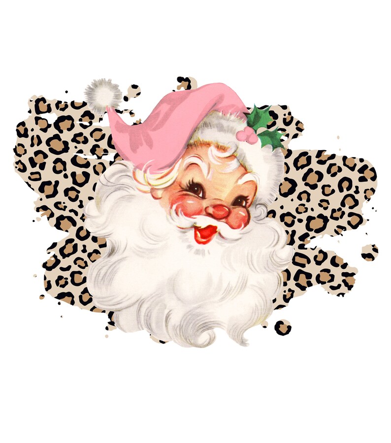 May include: A vintage illustration of Santa Claus with a pink hat and white beard, set against a brown and black leopard print background.