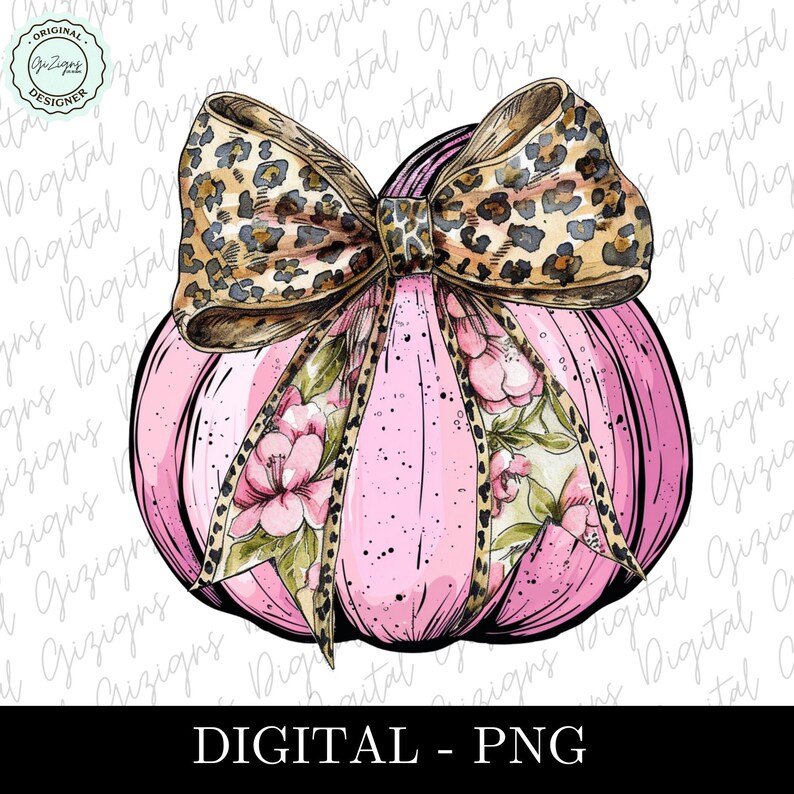 Pode incluir: Uma ab&oacute;bora rosa com um padr&atilde;o floral e um la&ccedil;o de estampa de leopardo. A ab&oacute;bora est&aacute; isolada em um fundo branco.