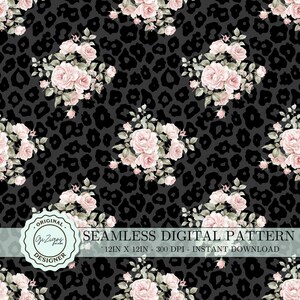 May include: A seamless digital pattern featuring a black and white leopard print background with pink roses. The pattern is 12 inches by 12 inches and 300 DPI. The text "SEAMLESS DIGITAL PATTERN - 12IN X 12IN - 300 DPI - INSTANT DOWNLOAD" is at the bottom of the image.