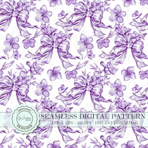 Vintage Lila Toile Coquette Nahtloses Muster PNG SVG, Lila Chinoiserie Schleife Digitales Papier Tapete Scrapbook-Papier, Shabby Chic Design
