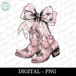 May include: Pink cowboy boots with a large pink bow. The boots have a floral pattern and are drawn in a watercolor style.