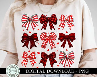 Coquette Valentine Bow PNG ClipArt Collage, Red Bows and Hearts Preppy Watercolor Red Valentine Bow Clip Art, Red Ribbon Sublimation Design