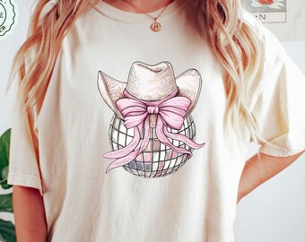 Trendy Cowgirl Disco Coquette PNG Country Western Disco Ball PNG Clipart Girly Pink Bow Clip Art, Country Girl New Years Sublimation Art