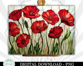 Glass Cutting Board PNG, Red Poppy Floral Stained Glass Effect Kitchen Decor Bread Board, Kitchen Cutting Board Sublimation Board Digital