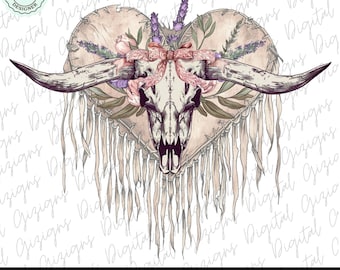 Longhorn Cow Skull Coquette Cowgirl PNG Pink Bow png Western Fringe Skull png Sublimination Design Clipart Watercolor Country Sublimination