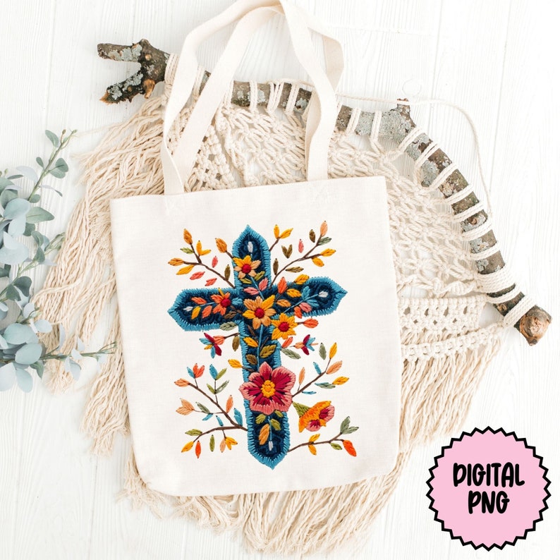 Trendy Floral Cross Faux Embroidery PNG Clipart, Cross PNG, Floral Clip Art, Flowers Clip Art, Sublimination Embroidery Digital Download image 6